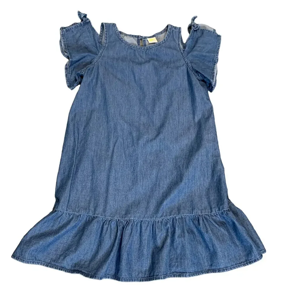 Crazy 8 Girls Chambray Denim Ruffled Aline Dress Cold Shoulder SZ 10 Cotton Blue